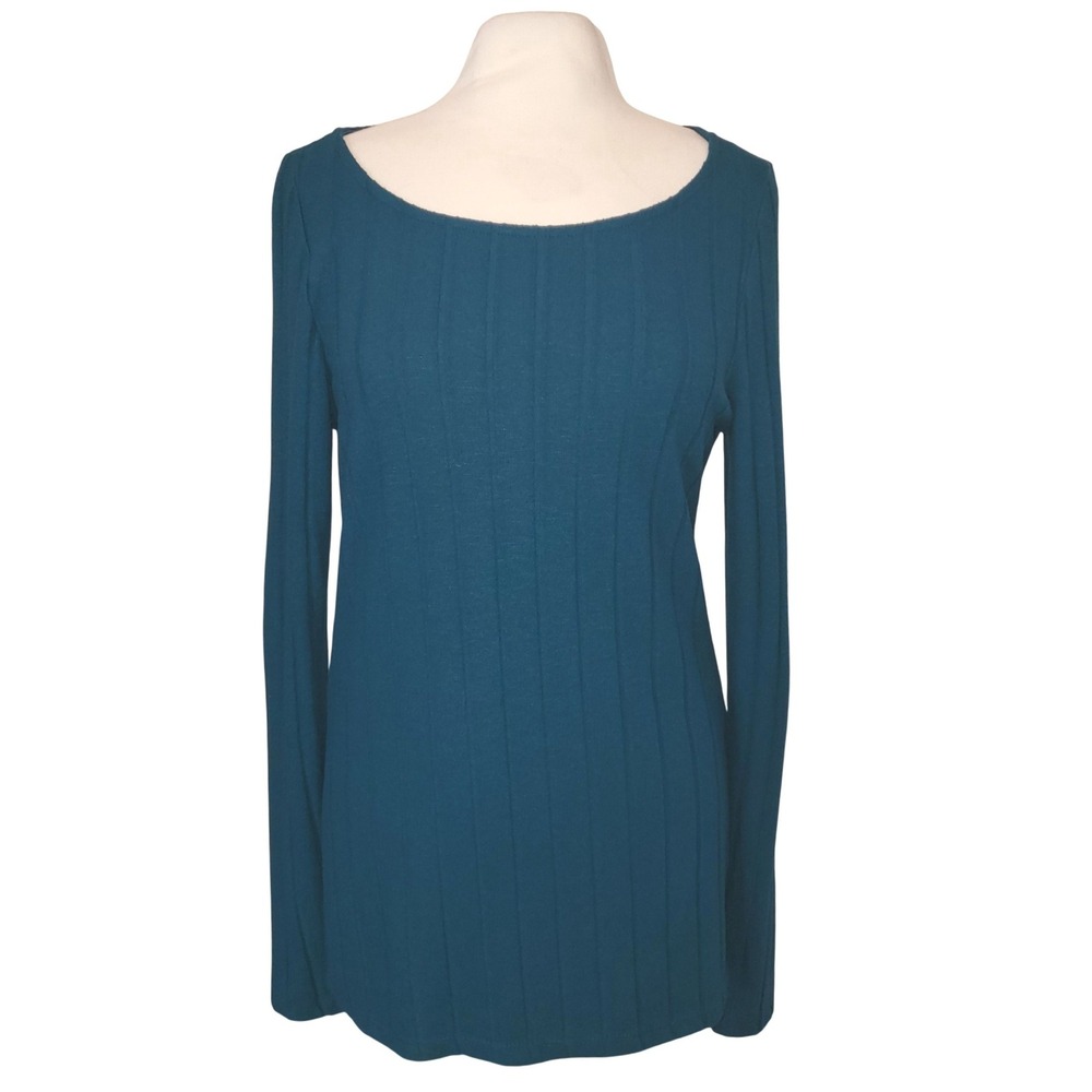 Anthropologie Dark Teal Ribbed Knit Scoop Neck Stretch Tunic Preppy Sweater L